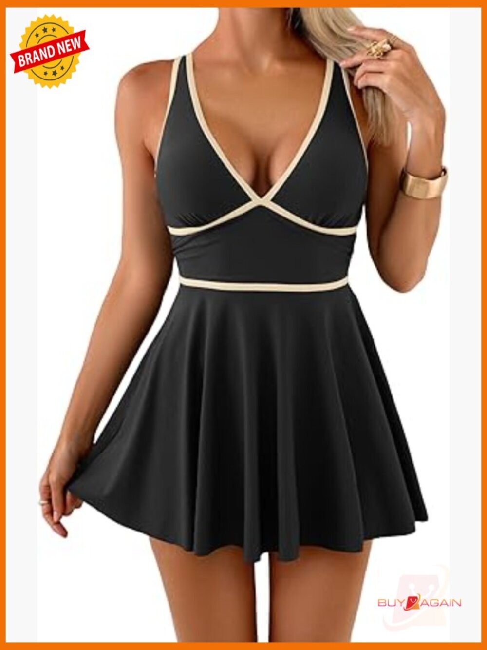 One Piece Swimsuit Tummy Control Swim Dress V Neck Skirted Bathing Suit